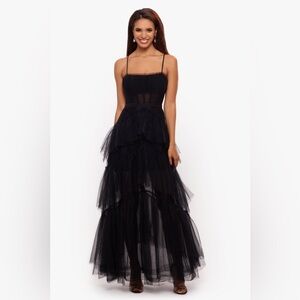 Betsy & Adam Black Tiered Evening Gown